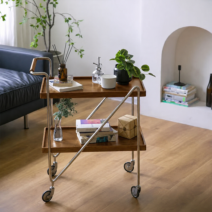 Zeitgenössischer Retro-Rechteckiger Beistelltisch aus Kautschukholz mit Tablettplatte, 2 Ebenen, rollender Wagen für das Wohnzimmer 