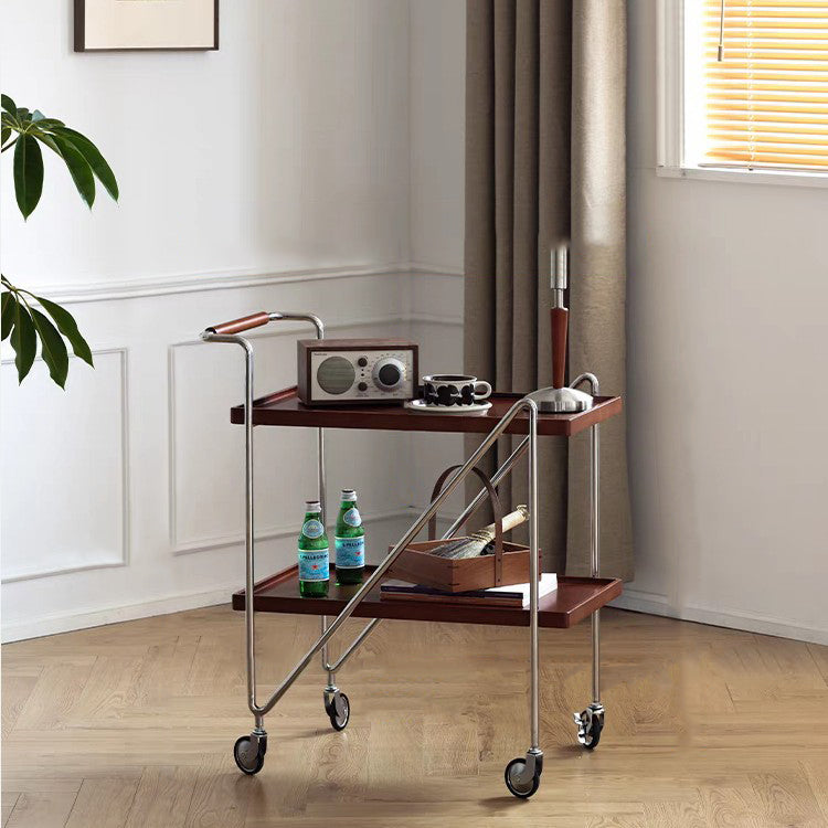 Contemporary Retro Rectangular Solid Wood Tray Top End Table 2-Tier Rolling Cart For Living Room