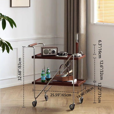 Contemporary Retro Rectangular Solid Wood Tray Top End Table 2-Tier Rolling Cart For Living Room