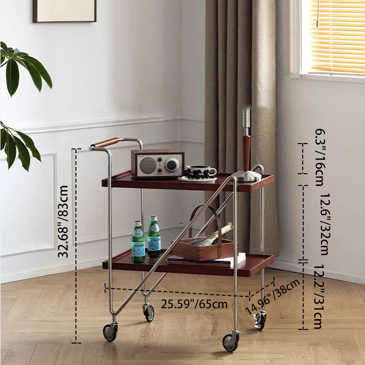 Contemporary Retro Rectangular Solid Wood Tray Top End Table 2-Tier Rolling Cart For Living Room