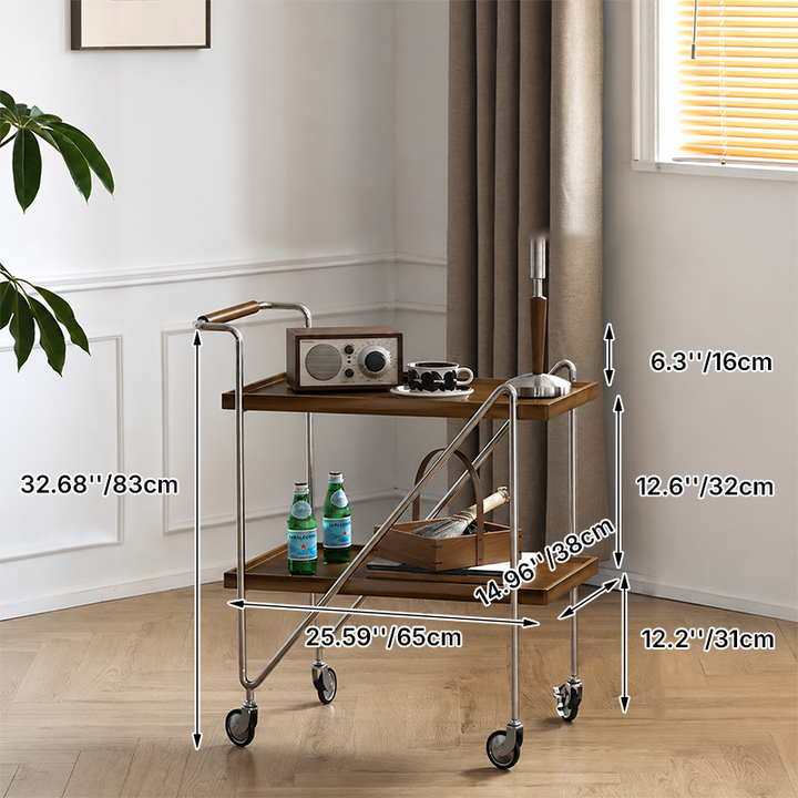 Zeitgenössischer Retro-Rechteckiger Beistelltisch aus Kautschukholz mit Tablettplatte, 2 Ebenen, rollender Wagen für das Wohnzimmer 