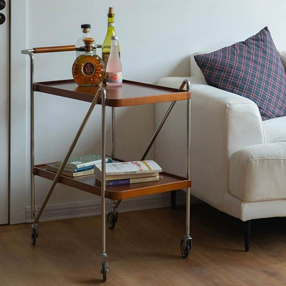 Contemporary Retro Rectangular Solid Wood Tray Top End Table 2-Tier Rolling Cart For Living Room