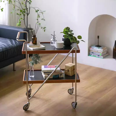 Contemporary Retro Rectangular Solid Wood Tray Top End Table 2-Tier Rolling Cart For Living Room