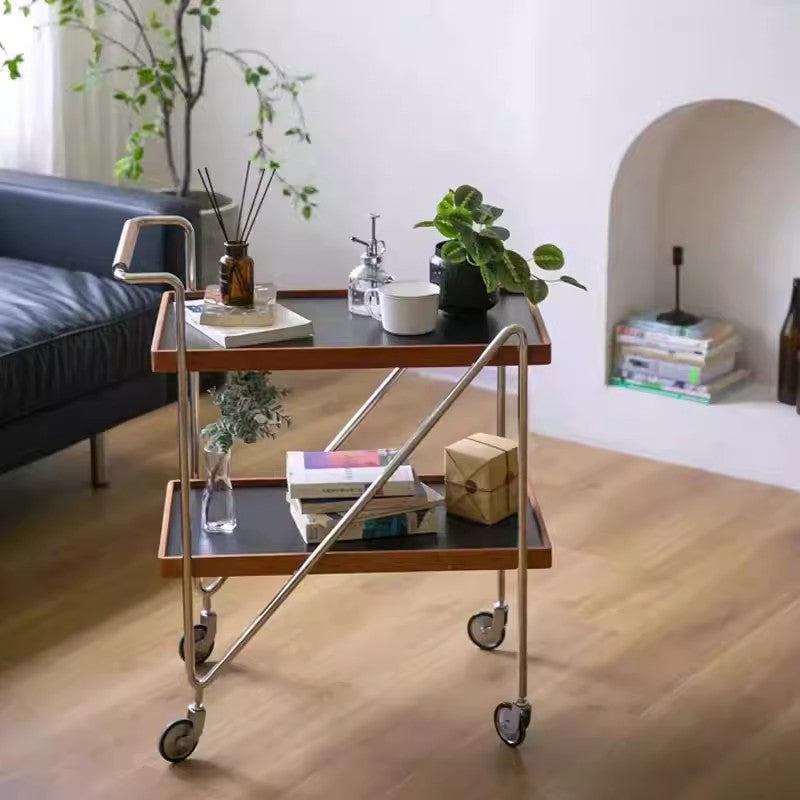 Contemporary Retro Rectangular Solid Wood Tray Top End Table 2-Tier Rolling Cart For Living Room