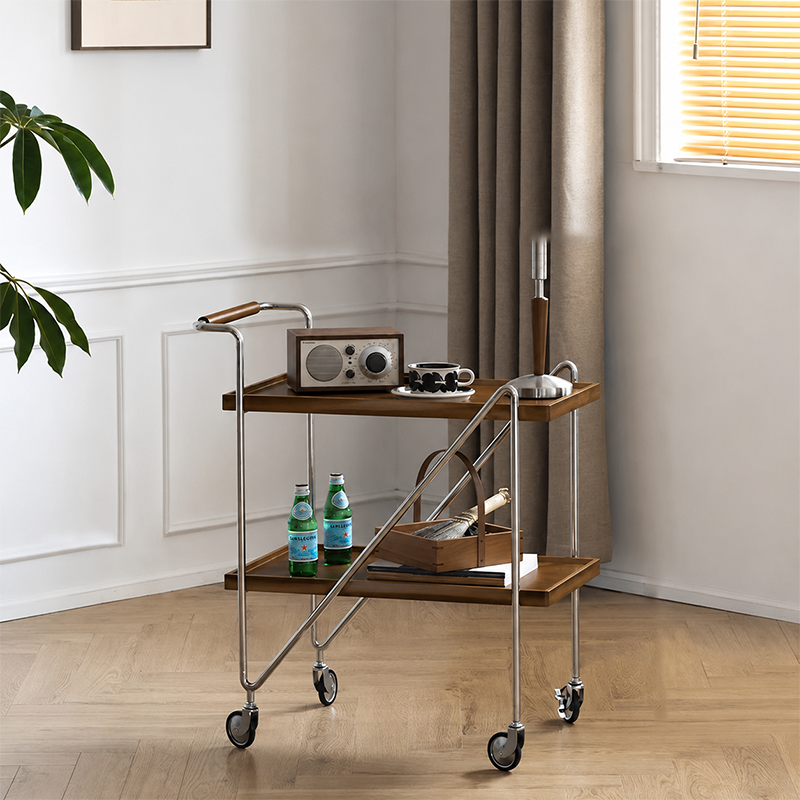 Zeitgenössischer Retro-Rechteckiger Beistelltisch aus Kautschukholz mit Tablettplatte, 2 Ebenen, rollender Wagen für das Wohnzimmer 