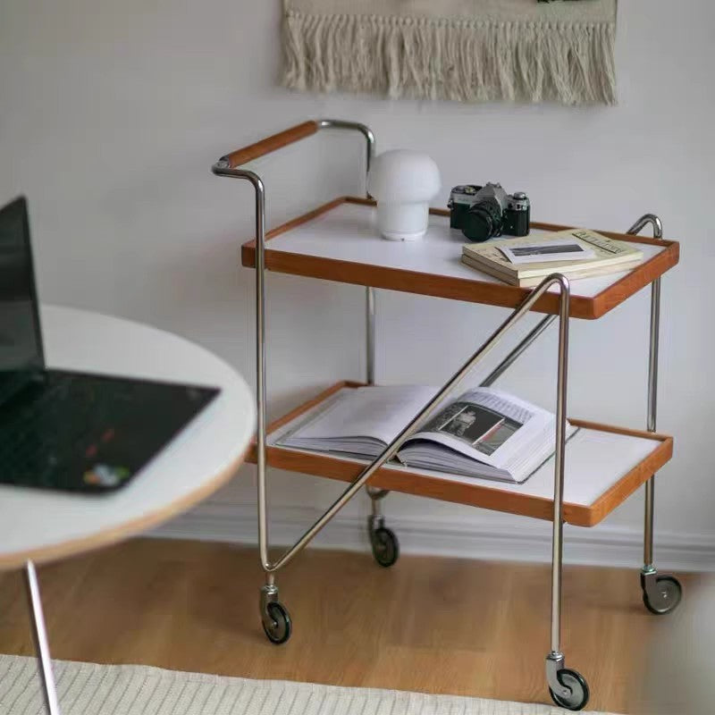 Contemporary Retro Rectangular Solid Wood Tray Top End Table 2-Tier Rolling Cart For Living Room