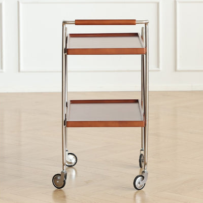Contemporary Retro Rectangular Solid Wood Tray Top End Table 2-Tier Rolling Cart For Living Room