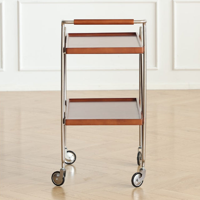 Contemporary Retro Rectangular Solid Wood Tray Top End Table 2-Tier Rolling Cart For Living Room