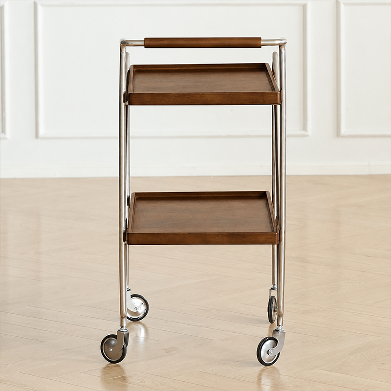 Zeitgenössischer Retro-Rechteckiger Beistelltisch aus Kautschukholz mit Tablettplatte, 2 Ebenen, rollender Wagen für das Wohnzimmer 
