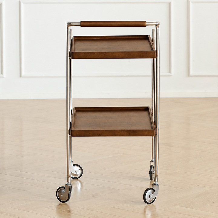 Zeitgenössischer Retro-Rechteckiger Beistelltisch aus Kautschukholz mit Tablettplatte, 2 Ebenen, rollender Wagen für das Wohnzimmer 