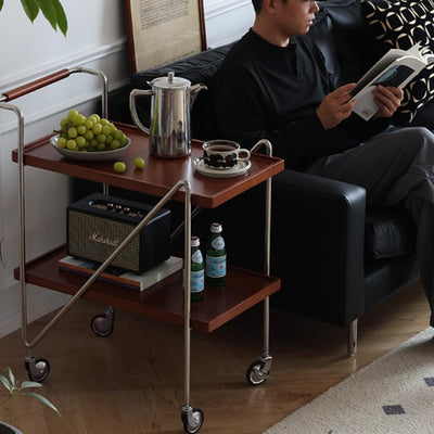 Contemporary Retro Rectangular Solid Wood Tray Top End Table 2-Tier Rolling Cart For Living Room