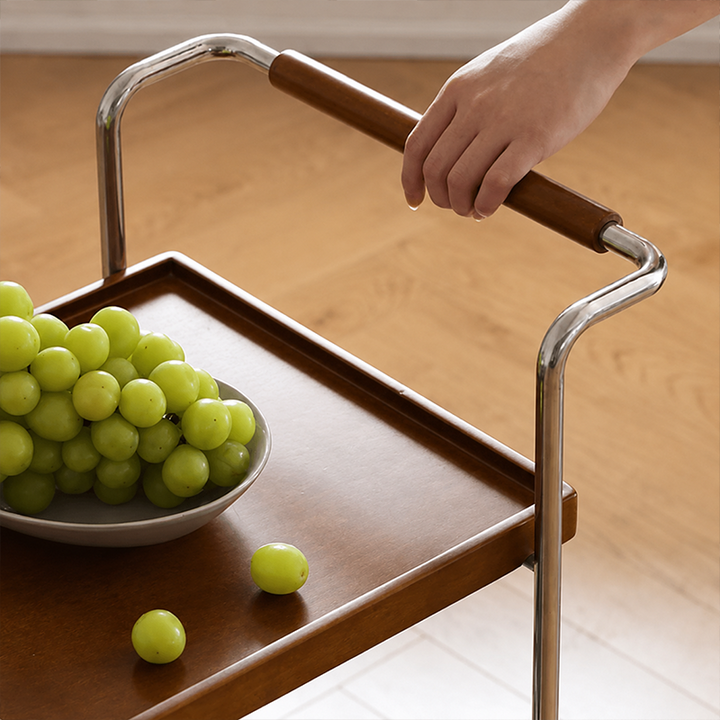 Zeitgenössischer Retro-Rechteckiger Beistelltisch aus Kautschukholz mit Tablettplatte, 2 Ebenen, rollender Wagen für das Wohnzimmer 