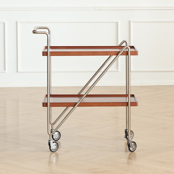 Contemporary Retro Rectangular Solid Wood Tray Top End Table 2-Tier Rolling Cart For Living Room