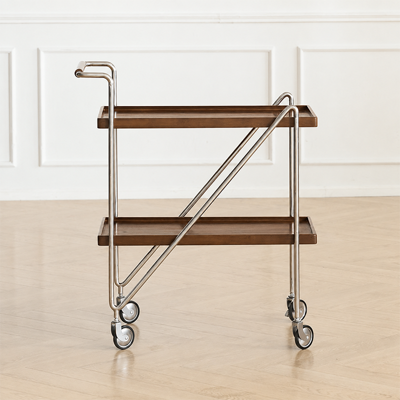 Zeitgenössischer Retro-Rechteckiger Beistelltisch aus Kautschukholz mit Tablettplatte, 2 Ebenen, rollender Wagen für das Wohnzimmer 