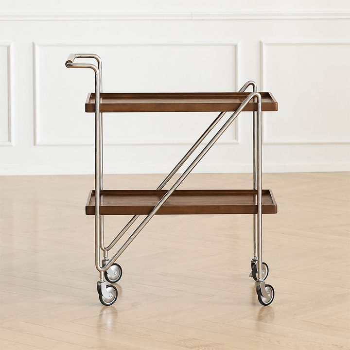 Zeitgenössischer Retro-Rechteckiger Beistelltisch aus Kautschukholz mit Tablettplatte, 2 Ebenen, rollender Wagen für das Wohnzimmer 