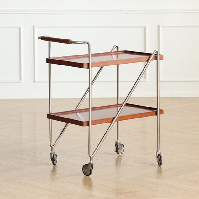 Contemporary Retro Rectangular Solid Wood Tray Top End Table 2-Tier Rolling Cart For Living Room