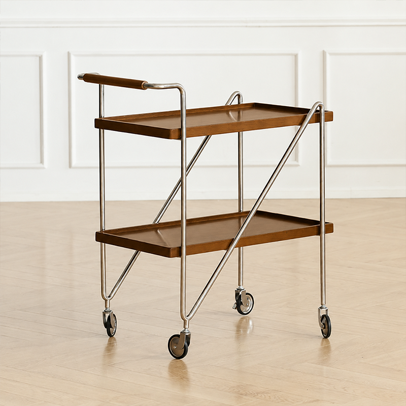 Zeitgenössischer Retro-Rechteckiger Beistelltisch aus Kautschukholz mit Tablettplatte, 2 Ebenen, rollender Wagen für das Wohnzimmer 