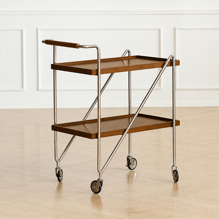 Zeitgenössischer Retro-Rechteckiger Beistelltisch aus Kautschukholz mit Tablettplatte, 2 Ebenen, rollender Wagen für das Wohnzimmer 