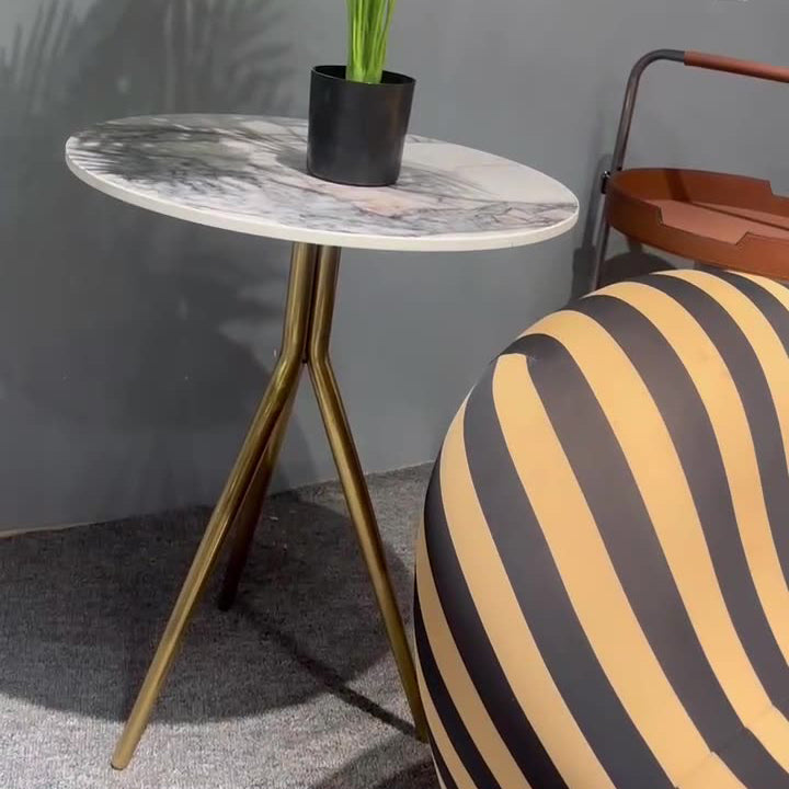 Contemporary Luxury Marble Round Top Metal Base End Table For Living Room