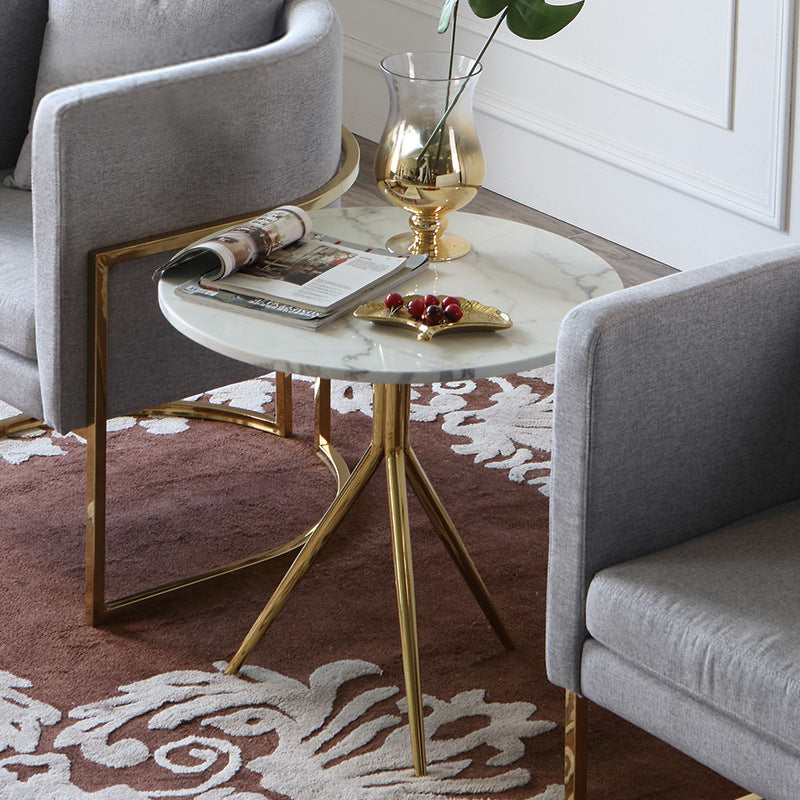 Contemporary Luxury Marble Round Top Metal Base End Table For Living Room