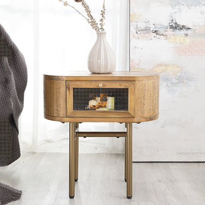 Traditional Japanese Oval Solid Wood Metal Legs Nightstand 1-Drawer For Bedroom