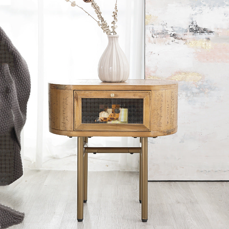 Traditional Japanese Oval Solid Wood Metal Legs Nightstand 1-Drawer For Bedroom
