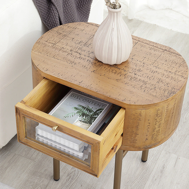 Traditional Japanese Oval Solid Wood Metal Legs Nightstand 1-Drawer For Bedroom