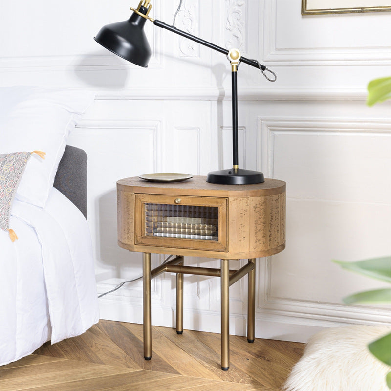 Traditional Japanese Oval Solid Wood Metal Legs Nightstand 1-Drawer For Bedroom