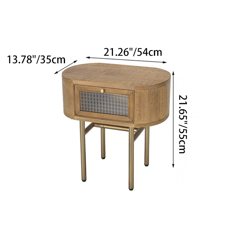 Traditional Japanese Oval Solid Wood Metal Legs Nightstand 1-Drawer For Bedroom