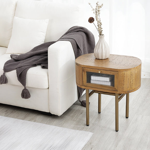 Traditional Japanese Oval Solid Wood Metal Legs Nightstand 1-Drawer For Bedroom