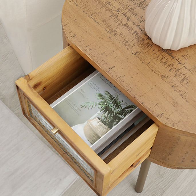 Traditional Japanese Oval Solid Wood Metal Legs Nightstand 1-Drawer For Bedroom