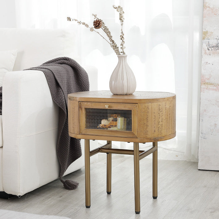 Traditional Japanese Oval Solid Wood Metal Legs Nightstand 1-Drawer For Bedroom
