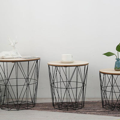 Contemporary Scandinavian Solid Wood Round Top Iron Frame Coffee Table For Living Room