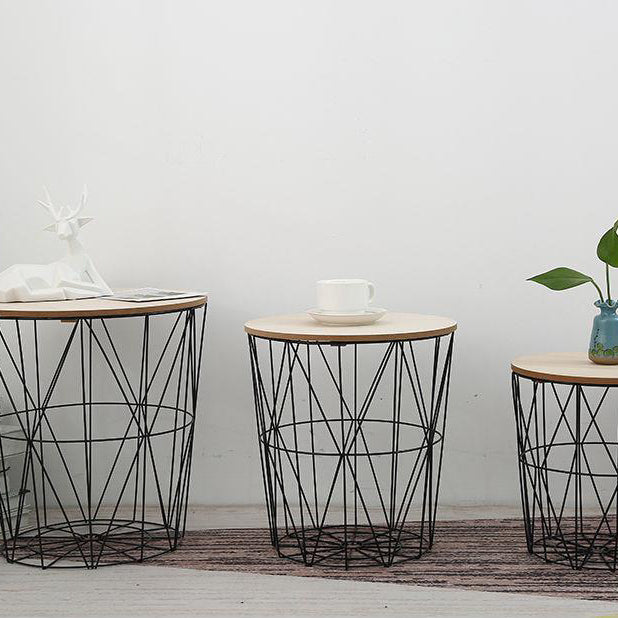Contemporary Scandinavian Solid Wood Round Top Iron Frame Coffee Table For Living Room