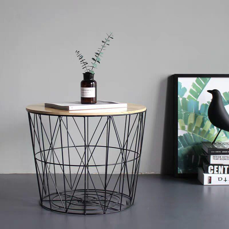 Contemporary Scandinavian Solid Wood Round Top Iron Frame Coffee Table For Living Room