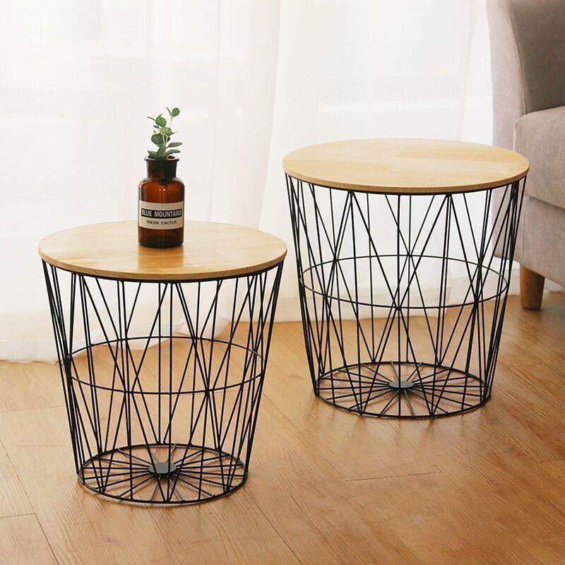 Contemporary Scandinavian Solid Wood Round Top Iron Frame Coffee Table For Living Room