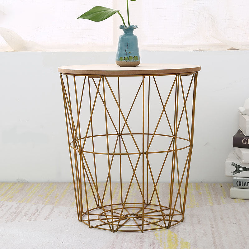 Contemporary Scandinavian Solid Wood Round Top Iron Frame Coffee Table For Living Room