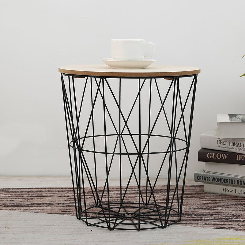 Contemporary Scandinavian Solid Wood Round Top Iron Frame Coffee Table For Living Room