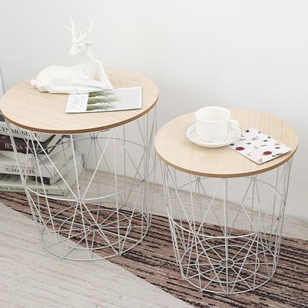 Contemporary Scandinavian Solid Wood Round Top Iron Frame Coffee Table For Living Room