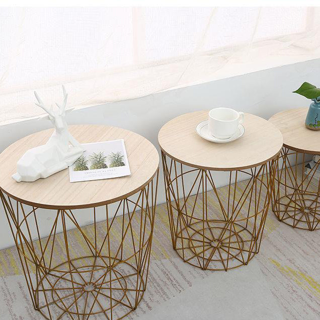 Contemporary Scandinavian Solid Wood Round Top Iron Frame Coffee Table For Living Room