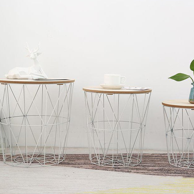 Contemporary Scandinavian Solid Wood Round Top Iron Frame Coffee Table For Living Room