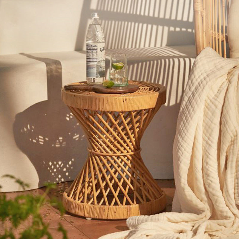 Contemporary Boho Rattan Woven Round Top Hourglass Shape Coffee Table For Living Room
