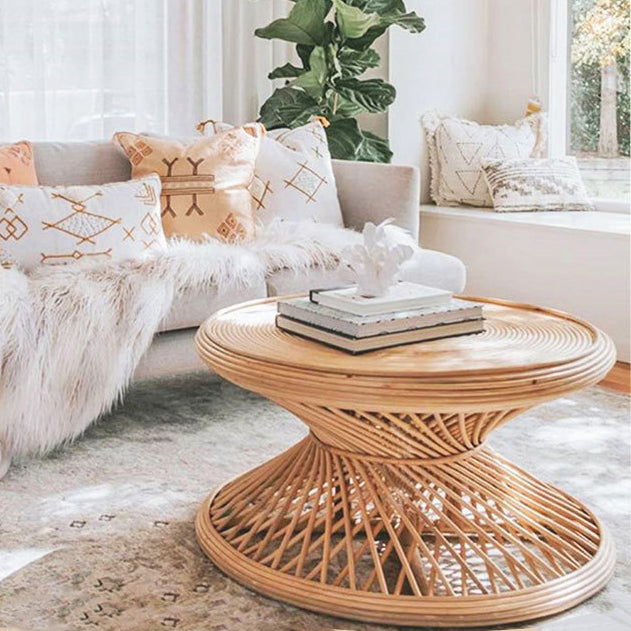 Contemporary Boho Rattan Woven Round Top Hourglass Shape Coffee Table For Living Room