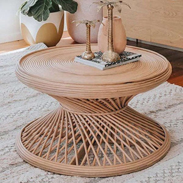 Contemporary Boho Rattan Woven Round Top Hourglass Shape Coffee Table For Living Room