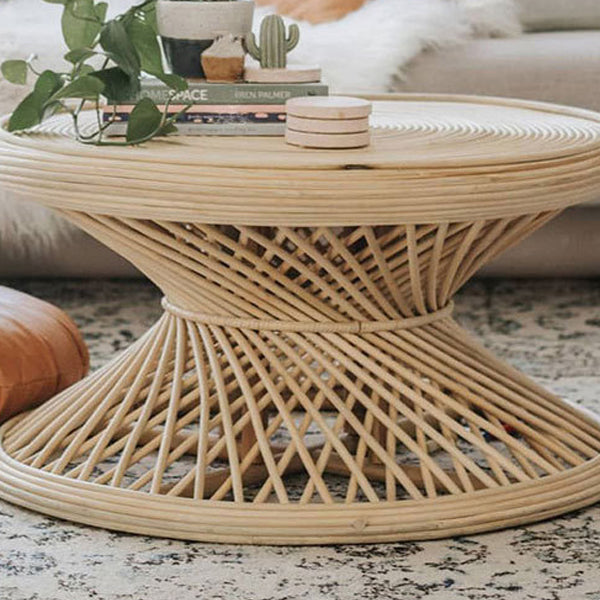 Contemporary Boho Rattan Woven Round Top Hourglass Shape Coffee Table For Living Room