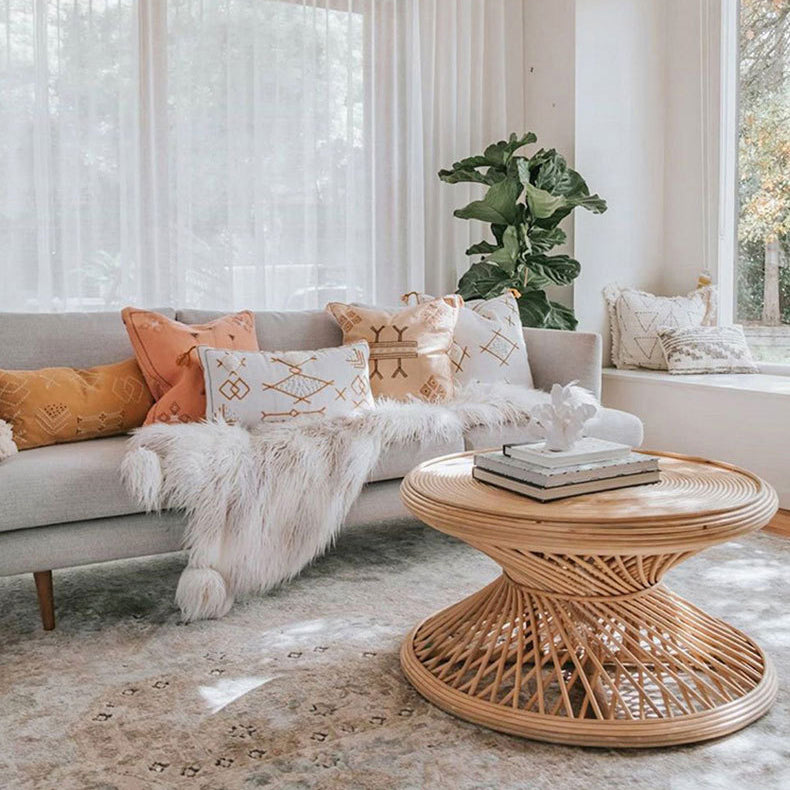 Contemporary Boho Rattan Woven Round Top Hourglass Shape Coffee Table For Living Room