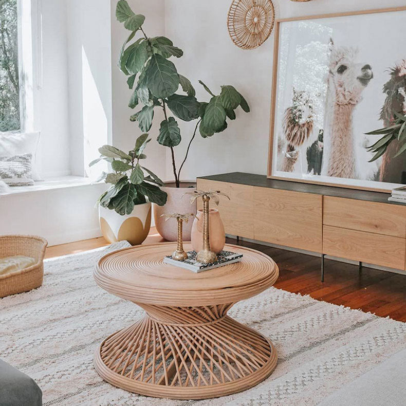 Contemporary Boho Rattan Woven Round Top Hourglass Shape Coffee Table For Living Room