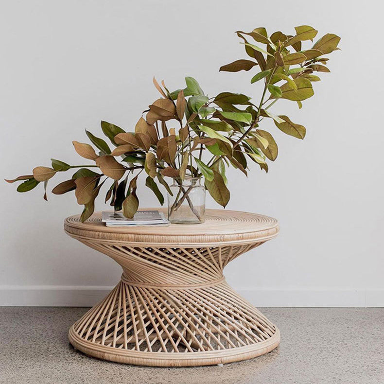 Contemporary Boho Rattan Woven Round Top Hourglass Shape Coffee Table For Living Room