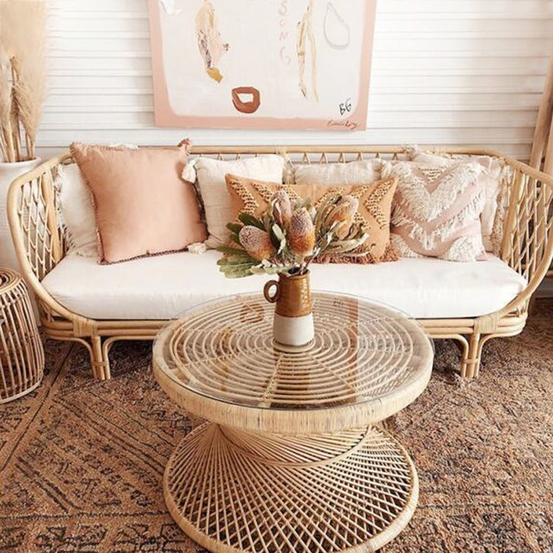 Contemporary Boho Rattan Woven Round Top Hourglass Shape Coffee Table For Living Room