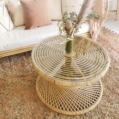 Contemporary Boho Rattan Woven Round Top Hourglass Shape Coffee Table For Living Room